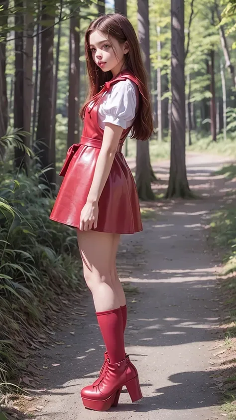  full body  , side view, fitted figure , cute beautiful schoogirl,  beautiful cute  faces with big lips ,  (red   leather skater  pinafore dress),  (blouse short  puffy sleeves),  (red leather short  skater dress),  (red silk pioneer neckerchief),  brunett...