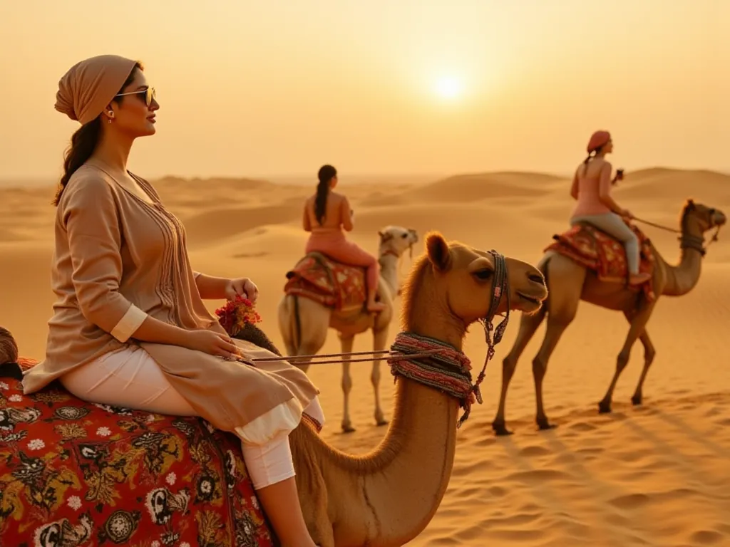 A 27 years old ,matured,american white woman with A plus size fitted body, ivory white round-shaped face.

She and her husband. She sits on a beautifully decorated camel, holding onto the reins while enjoying the golden sand dunes.

✅ Outfit: Light brown l...