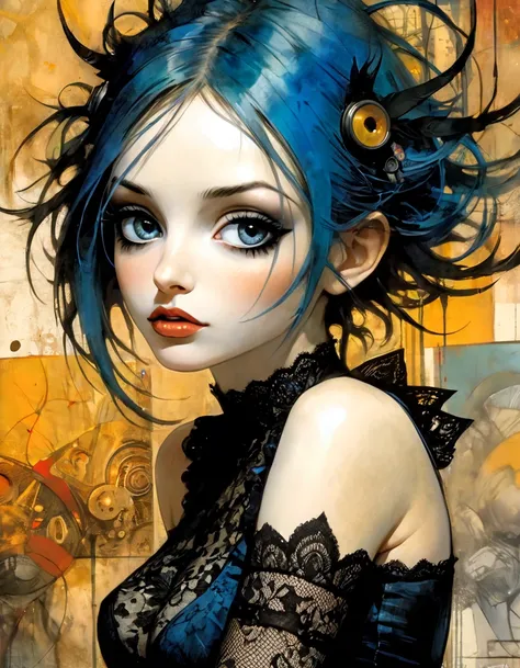 sexy girl, long messy blue hair, black lace dress, stockings, medium chest, in a factory with industrial machines, sketch style, art inspired by Bill Sienkiewicz and Dave McKean, (best quality, 4k, 8k, high resolution, masterpiece: 1.2), ultra detailed, (r...