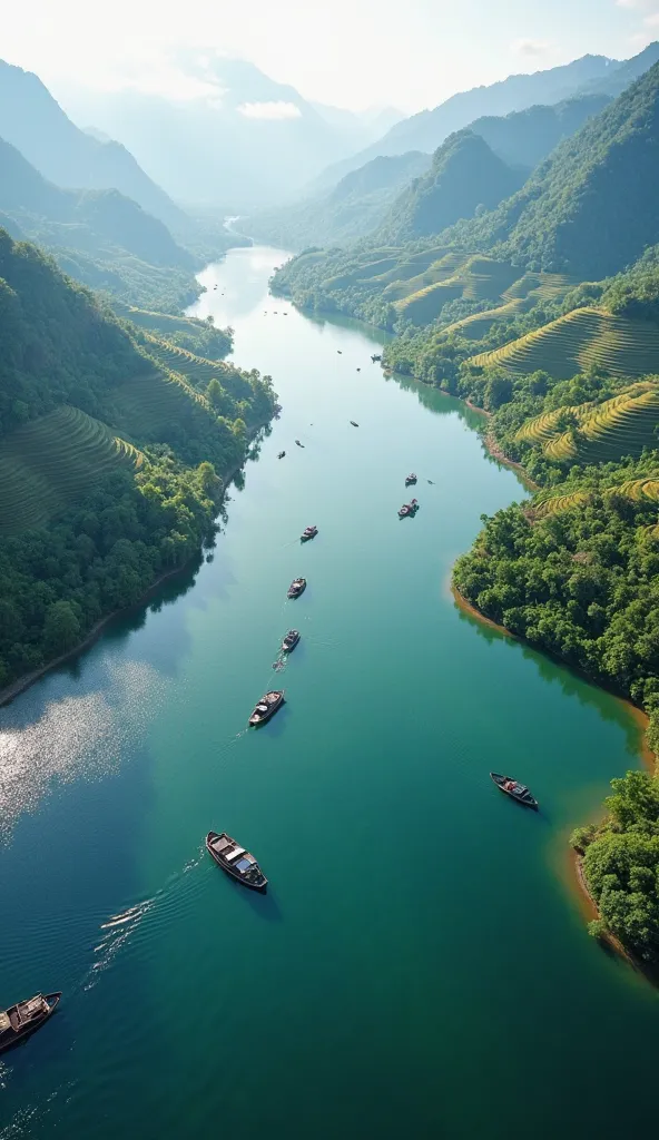 A stunning aerial view of Chieng Khoi Lake in Son La, Vietnam, nestled between lush green mountains. The lake’s crystal-clear blue waters reflect the sky, creating a mesmerizing mirror effect. Small traditional wooden boats gently float on the surface, lea...