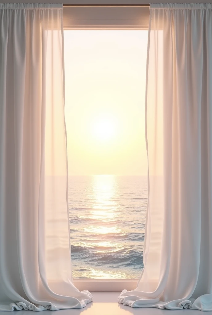 Sea and rising sun seen from an open window with a realistic 8k white curtain 