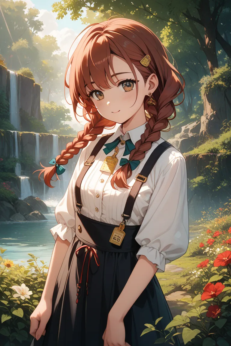 anime character。Reddish brown hair color、dark eyed girl 。Loose braids