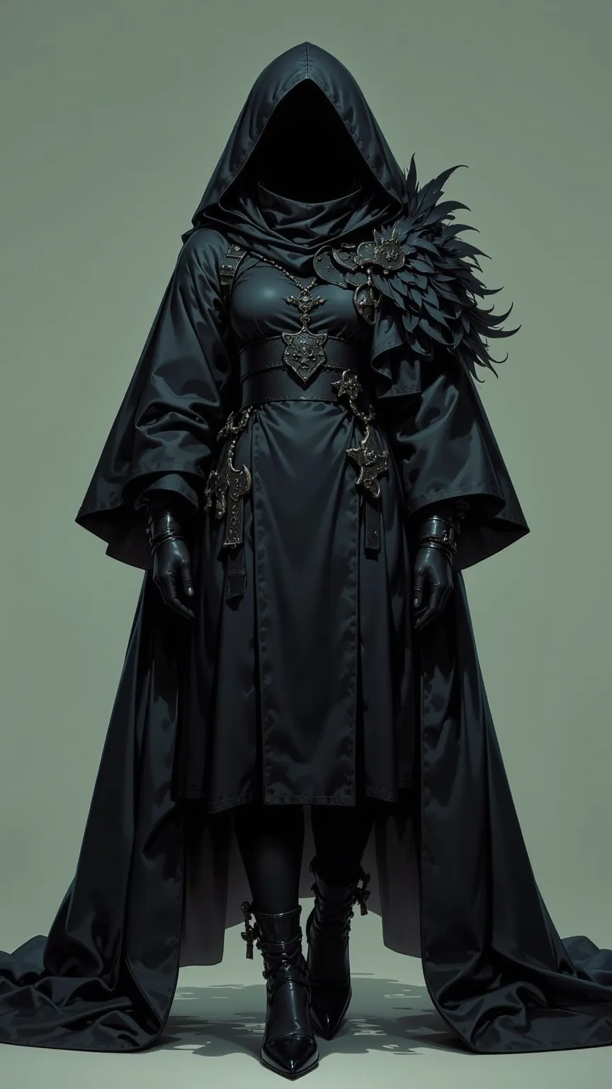 Dark and mysterious figures enveloped in a black feather cloak。 creates a uniform silhouette of a person wearing hooded clothing，The hooded garment is filled with scattered flowing black feathers。 Full Body Image，walk； The motion captured in still images。 ...