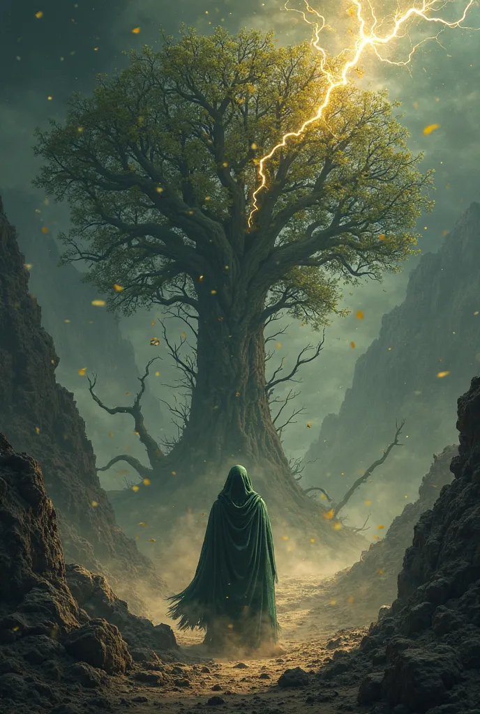 Overall Atmosphere:
Dark and Epic Mood:
The image has a dark yet epic feel, with magical Celtic touches. The dust, lightning, and neem tree symbolize struggle, wisdom, and inner conflict.

Dominant colors: Black, gray, dark green, and golden highlights.

D...