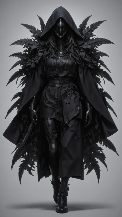 Dark and mysterious figures enveloped in a black feather cloak。 creates a uniform silhouette of a person wearing hooded clothing，The hooded garment is filled with scattered flowing black feathers。 Full Body Image，walk； The motion captured in still images。 ...