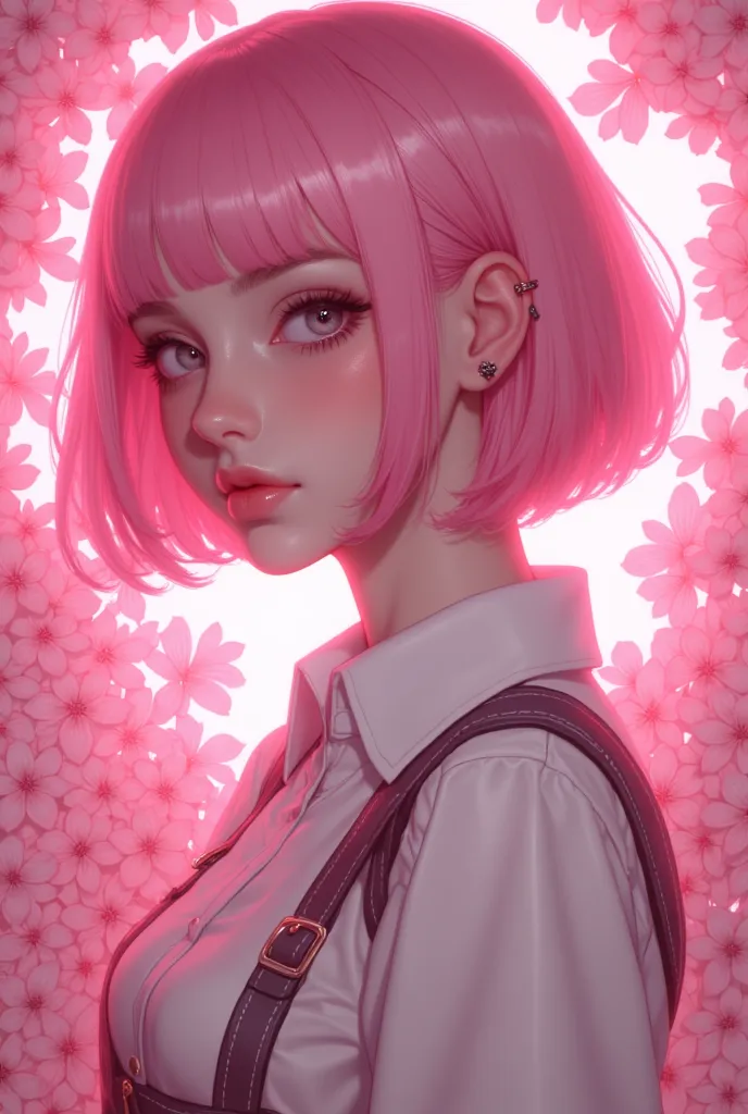 1girl, solo, pink_hair, portrait, realistic, looking_at_viewer, pink_theme, short_hair, pink_background, grey_eyes