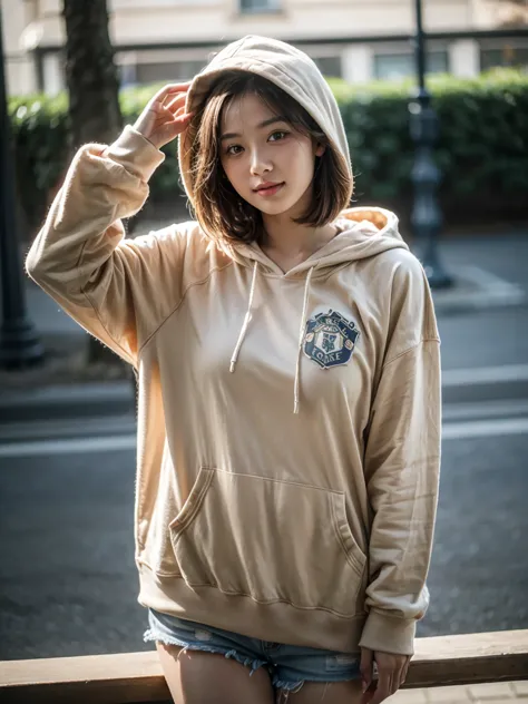 Top quality, ultra high resolution, realisitic, Beautuful Woman, Beautiful detail eyes and skin, smile, Light brown short-cut hair, She is wearing (beige hoodie, Manchester United shirt), posing for a photo, photo of slim girl model, gorgeous model, IG-Mod...