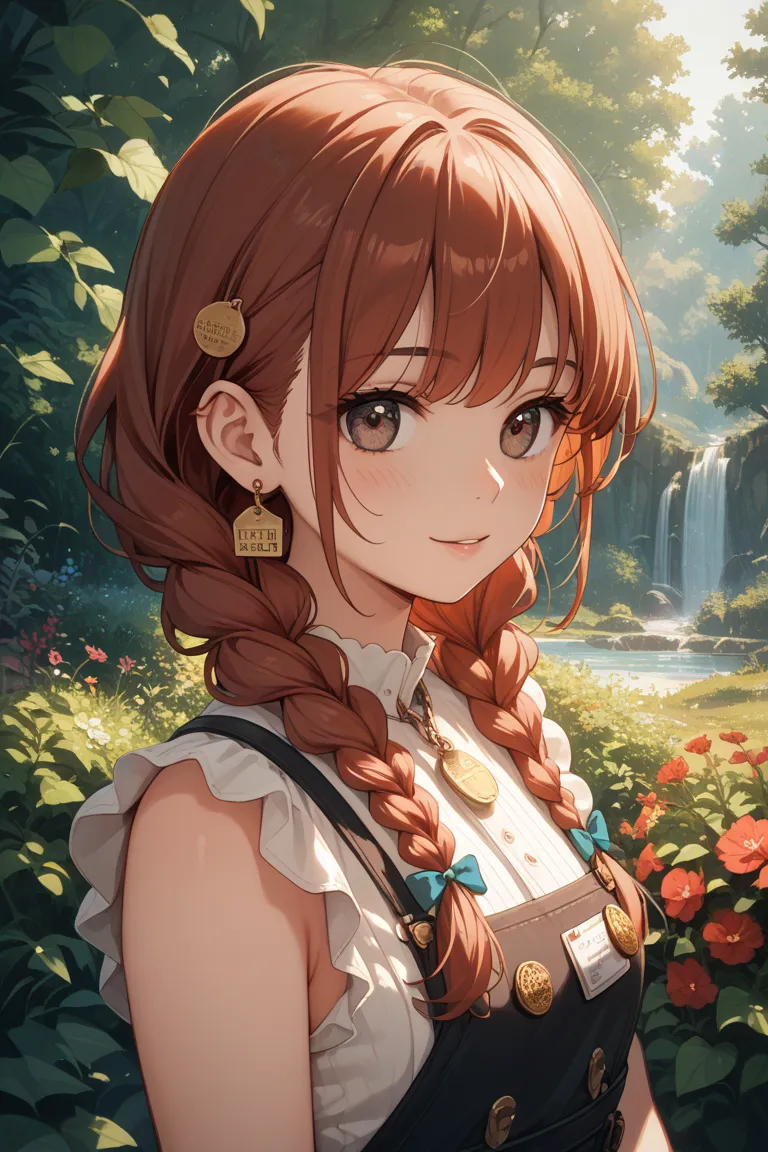 anime character。Reddish brown hair color、dark eyed girl 。Loose braids