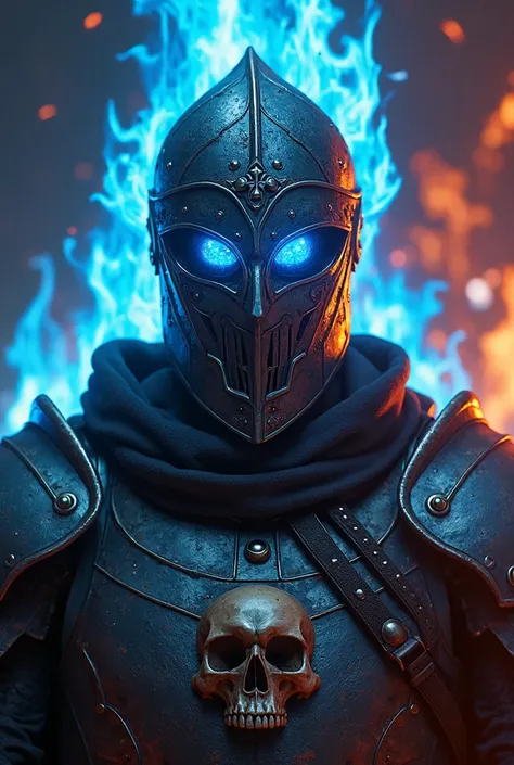 A knight with only his upper hand with the flames of hell in the background and just behind the knight of the blue flames accompanied by a skull, he has a crystal on his mask which gives him a mastery of controlling the dead.