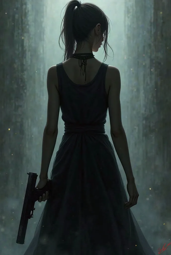 A girl has her back and her body is dark and has a UMB gun, her hair is tied and her body is dark 