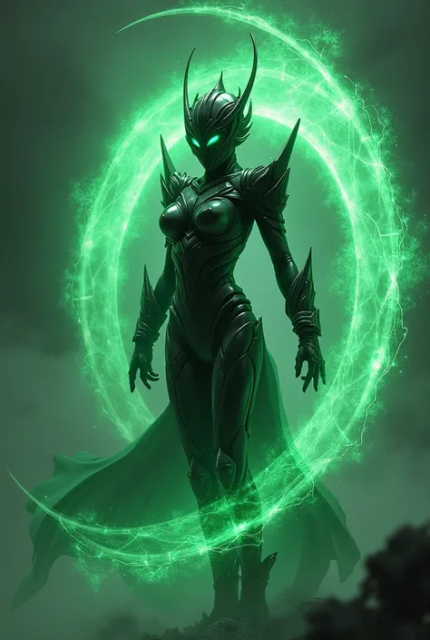 The female Kamen Rider Shadow Moon has a dark green energy pattern.