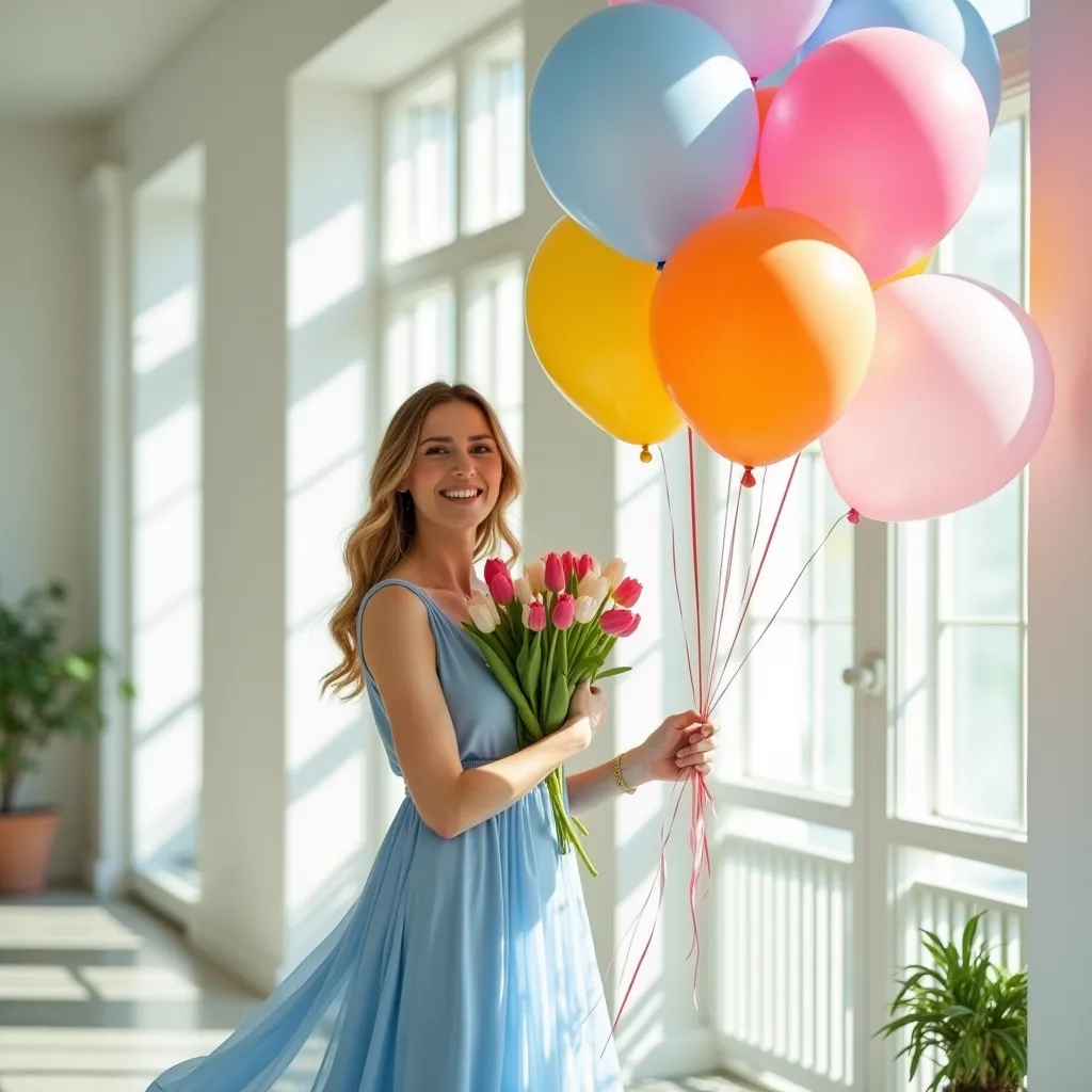 A professional, high-quality photograph of a happy  standing in a bright, sunlit room. She wears an elegant, pastel blue dress that flows gracefully. In her right hand, she holds a large, stylish bunch of vibrant, multicolored helium balloons that float ab...