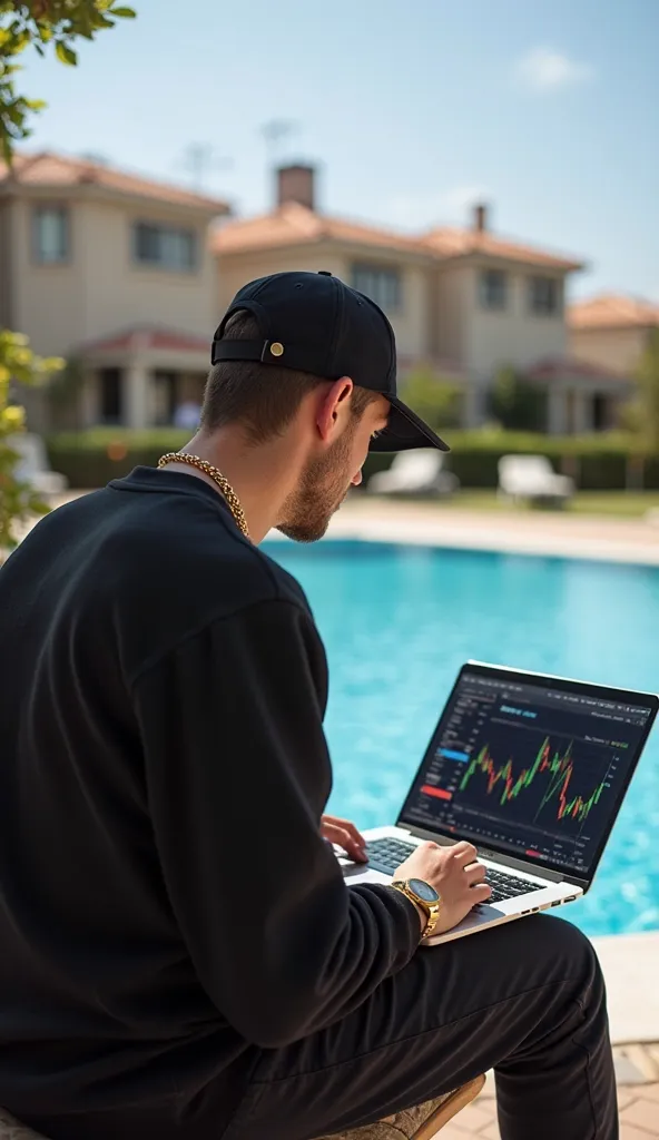 Crypto currency market post art, some crypto, logo and details in the image. An open MacBook showing charts and financial operations, 28-year-old young man sitting in front of the MacBook, With your back to the photograph. Synonym for wealth, Summer weathe...