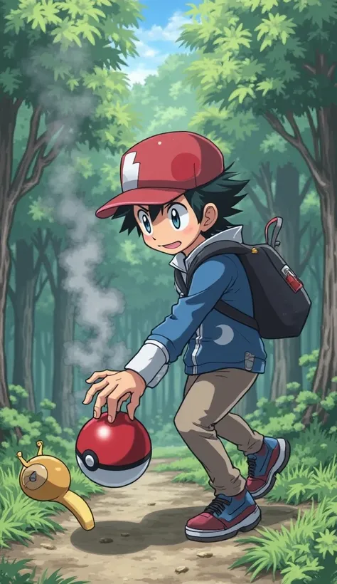 Without warning, the Poké Ball bursts open with a small explosion! Smoke rises as the snail Pokémon quickly escapes, slithering away into the dense underbrush. Satoshi (Ash Ketchum) stumbles back slightly, his red-and-white cap almost slipping off his head...