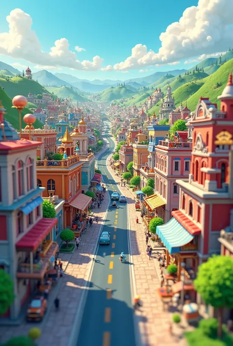 with a bird's eye view of a city，There is a road，3D cartoon style