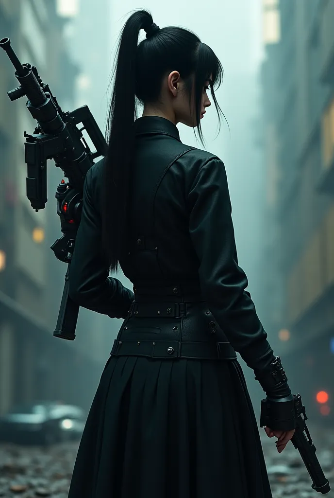 A girl with her back has her hair tied and holds a UMB gun on her shoulder, her hair is tied and her body is dark