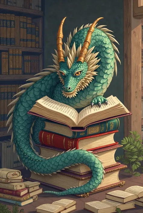 dragon from japanese tradition reading a book on top of a pile of books inside a library. Artwork style