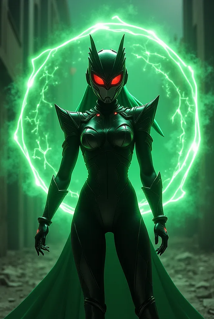 The female Kamen Rider Shadow Moon has a dark green energy pattern.