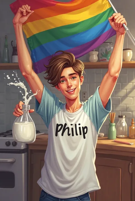 A young guy in a shirt with the name of Philip is shaking his milk and holding a lgbt flag