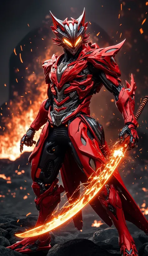 A cinematic and ultra-realistic illustration of a heroic cat-inspired Red Ranger, standing in a dynamic pose. The suit is fiery red with glowing orange accents and intricate flame patterns along the arms and legs. The helmet features a reflective visor wit...