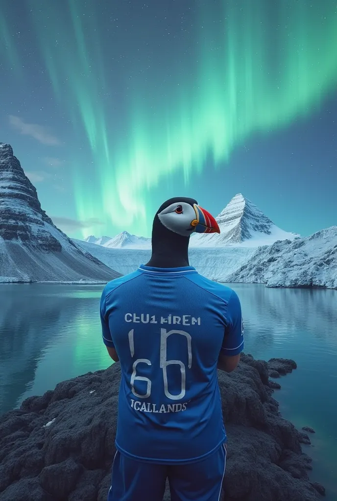 Generate a image of an icelandic landscape, include a puffin into the center of the image, add a volcano, whales, blue jersey football supporters who does the icelandic chant (they hold their hands, like the Y in YMCA) and the northern lights+ add somewher...