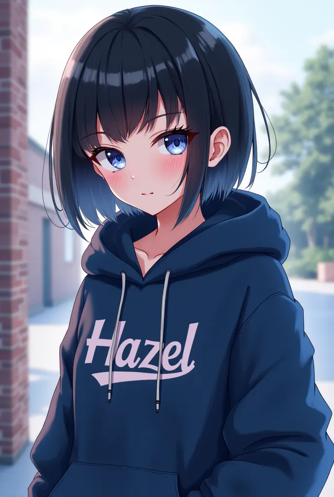 a  wearing a hoodie (any color) and theres a printed name on it says HAZEL and sha had a black hair and her left eye is blue and her right is white in anime artstyle