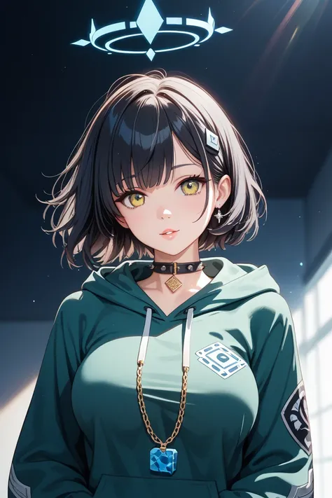 yellow eyes　medium short　dice
Hair is barbed outside　Halo　 blue archive style    　Full body chain 　Big Breasts　human　 black hair　 green hoodie