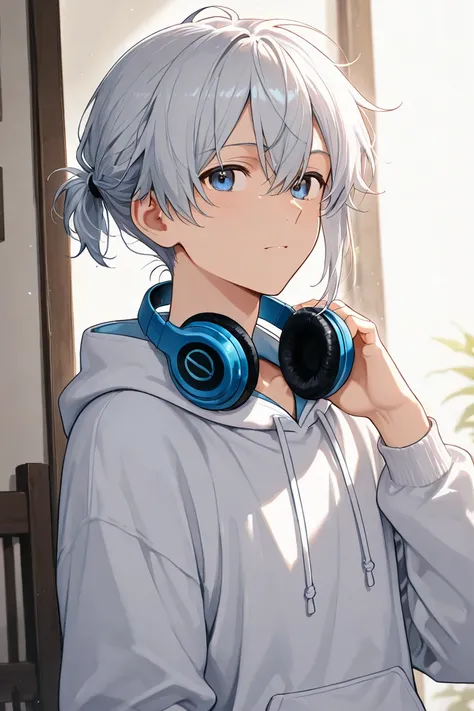 Anime style male characters、Her hair is bluish white and she wears headphones around her neck、My hair is long and tied at the back、 is wearing a hooded hoodie、Illustrations depicting almost the character's entire body、Illustration of a character drawn from...