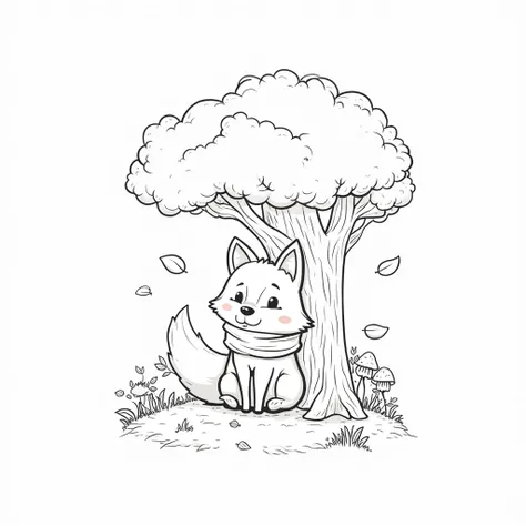 A super cute fox sitting under a cozy tree, smiling, with a warm scarf around its neck, surrounded by falling leaves and tiny mushrooms, Disney-style cartoon, simple line art, minimal details, thick outlines, easy to color, warm and inviting design, white ...