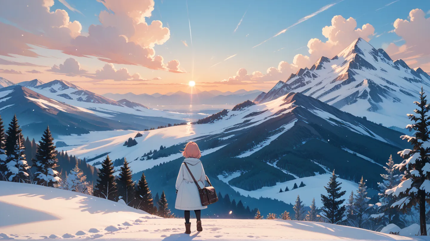 Sunrise sky、a snowy mountain shines reflecting light。A girl standing on a hill、looks up at the sky while wearing a white coat and fluttering her hair in the wind。a refreshing sight symbolizing hope and a new beginning。