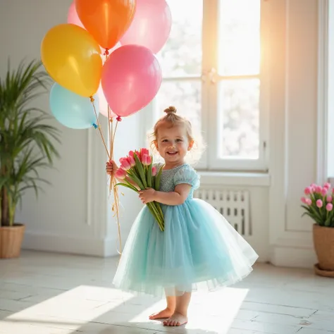 A professional, high-quality photograph of a beautiful, happy baby-girl standing in a bright, sunlit room. She wears an elegant, pastel blue dress that flows gracefully. In her right hand, she holds a large, stylish bunch of vibrant, multicolored helium ba...