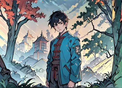 "leo A young boy, around 10-, with short black hair and wide, curious eyes. He wears a simple traditional Chinese rural outfit: a faded blue jacket and loose pants. His expression is a mix of fear and determination. The background shows a misty village wit...