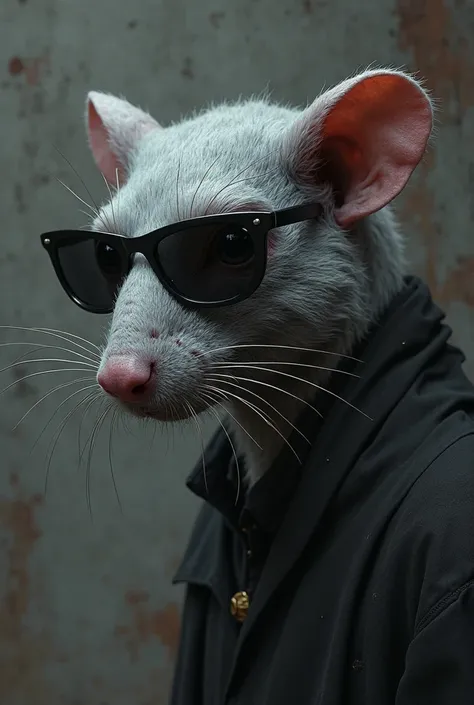 Humanoid hrey rat with black sunglasses and evil smirk side on