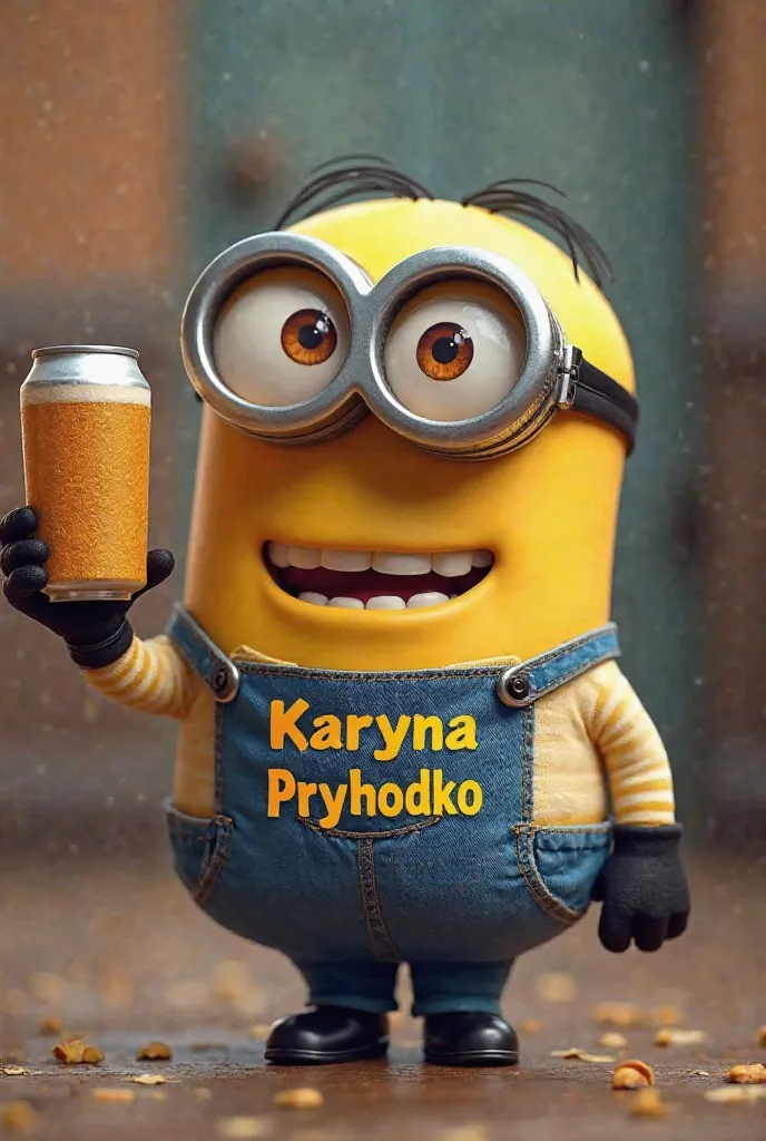 make a minion in your hands with a can of beer and his clothes say Karyna Prykhodko