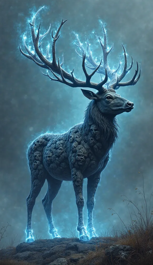 A towering stag with antlers that stretch into infinite branching shapes, their tips glowing with eerie blue fire. Its body is hollow, a swirling void where its flesh should be, with countless distorted faces appearing and vanishing within its form. It mov...