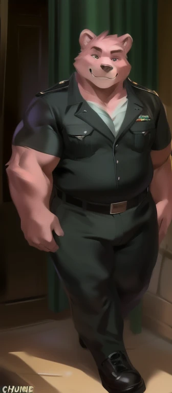 Solo, male Tall,model, huge​ body,​standing, den,Pink bear , black green Army uniform, overweight, muscular, smirking, by chunie​