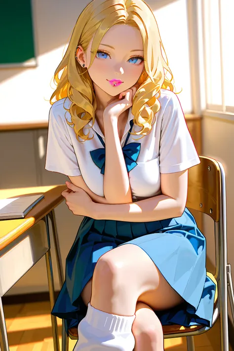 legwarmers, blue plait skirt, school uniform, pantyhose, long curly blonde hair, pink lips, voluptuous body, crossed legs, sharp gaze, blue eyes