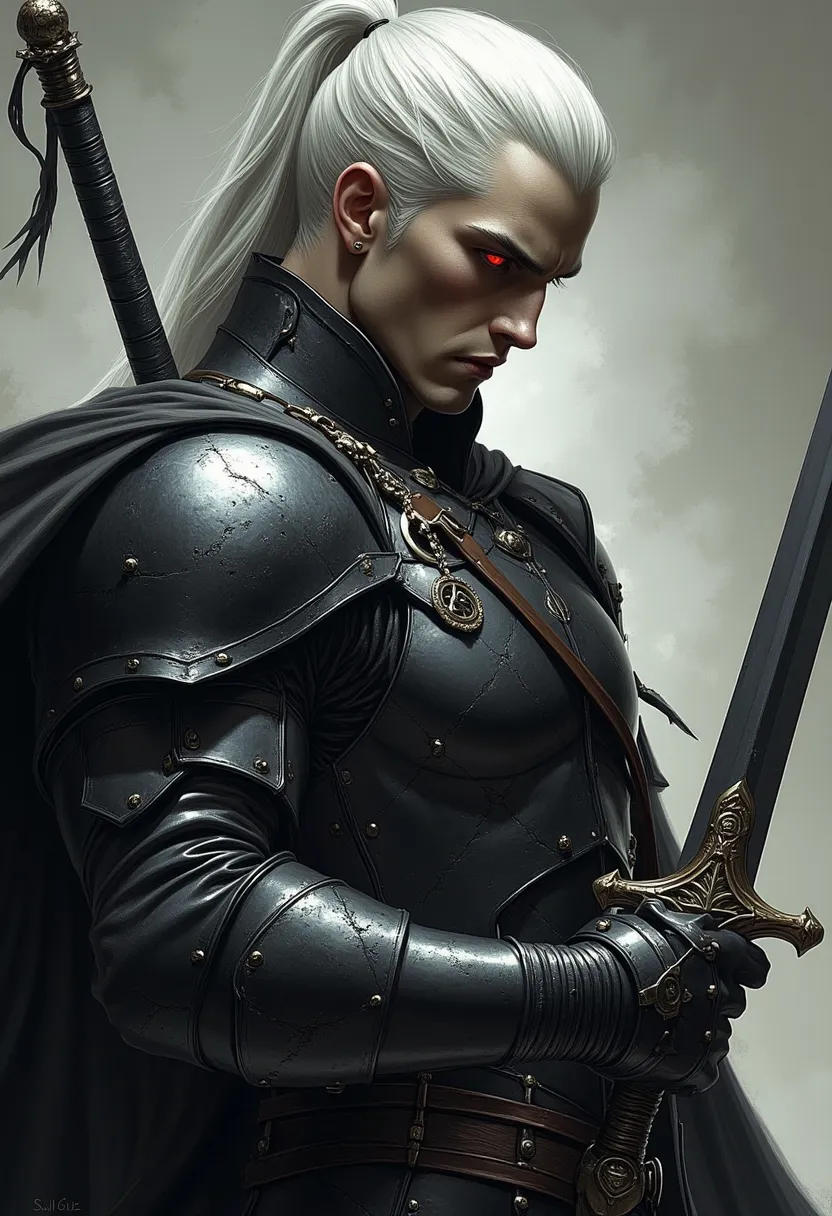 Man, Black lether armor, with 2 swords, white hair collected in ponytail, red eyes, detailed face,