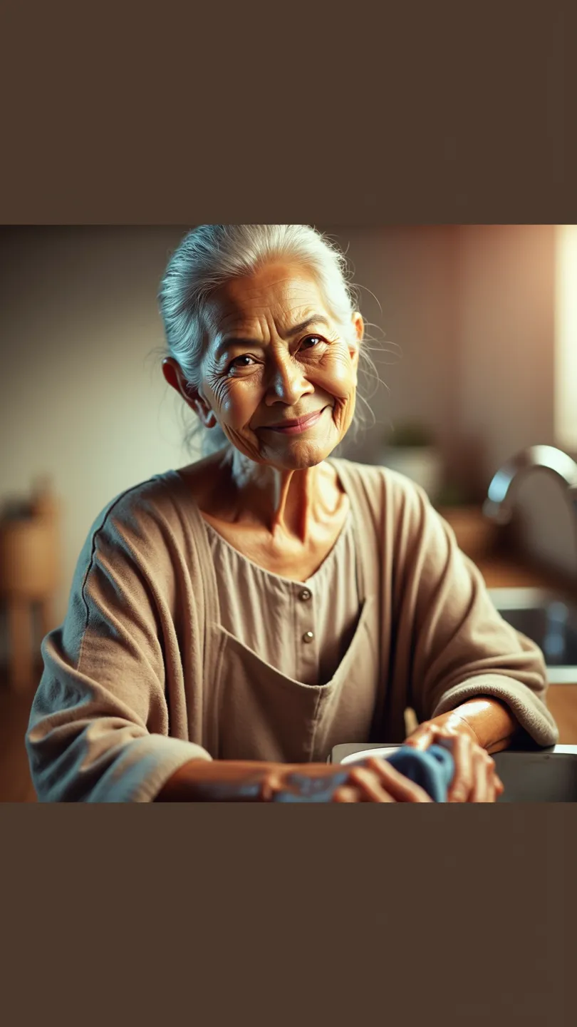 An elderly mother with a face full of sincerity, standing in a simple kitchen, cooking breakfast. Warm steam billowing from the pan, while the light of the morning sun enters through the window, illuminates the room with a warm and peaceful atmosphere. Her...