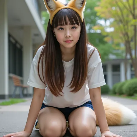 (( top quality , 8k)), ((Girl with straight brown hair)), (( Photorealistic)), ( masterpiece), perfect face , ((Woman with fox ears )), ((That woman has a fox tail )), foxgirl, (Her tail is big  ), ( That beautiful woman is shy), She's a college student  ,...