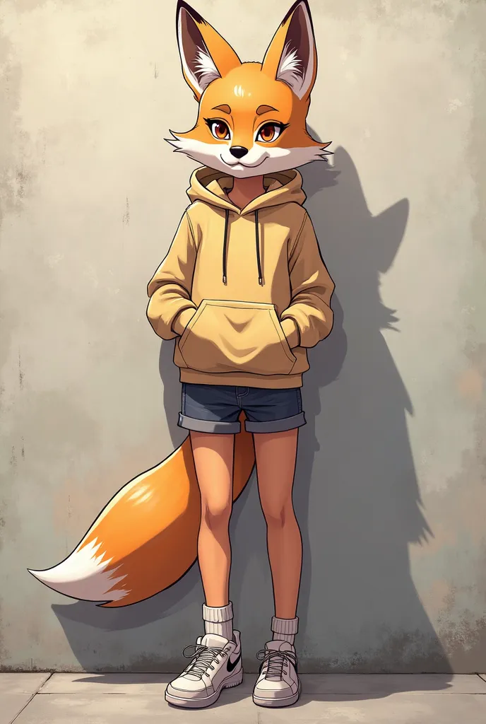 Furry fox girl with a hoodie and sneakers standing in front of a wall, a character portrait inspired by Leiko Ikemura, pixiv contest winner, furry art, an anthro fox, foxgirl, full body portrait of a short!, fursona wearing stylish clothes, female fursona.