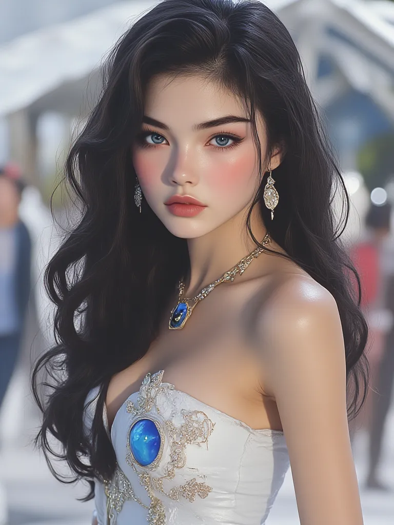 (  digital art)  Realistic painting 4k, beautiful, of a twenty-two-year-old woman, It&#39;s beautiful, black hair, limp, semi collected, piel blanca de porcelana beautiful,  symmetrical face, defined and thin eyebrows, Bright sapphire blue, eyes with long,...