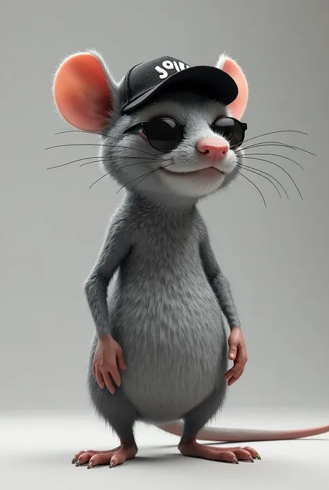 Humanoid grey rat with black sunglasses smirking side on with cap