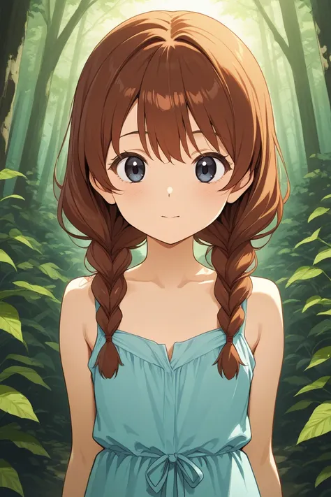 anime character。Reddish brown hair color、dark eyed girl 。Loose braids