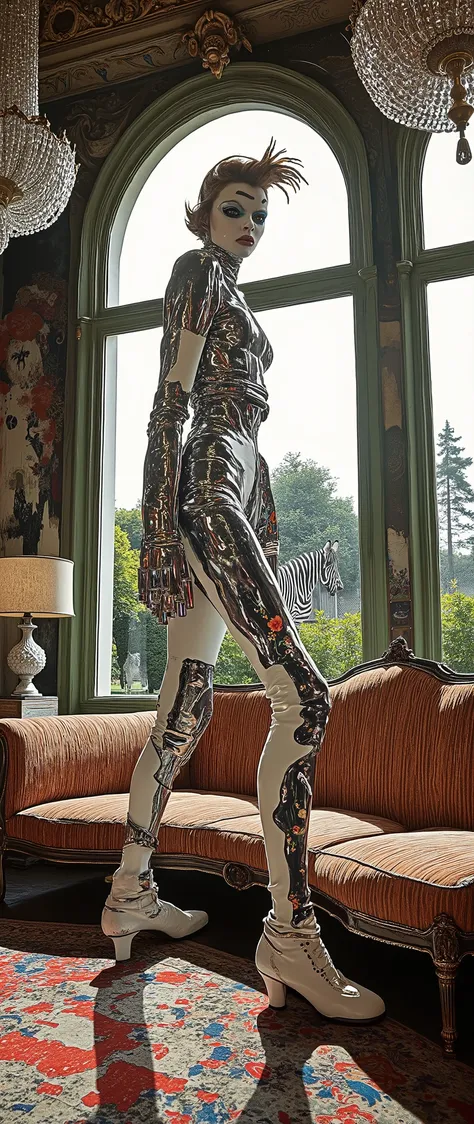 Psychedelic absurd surreal art. An asthenic man poses for a fashion magazine. Strange appearance. Strange conceptual clothes. Incredible shapes and materials. Baroque decor and decorations. The background is a large Baroque room. Lots of furniture. Fabrics...