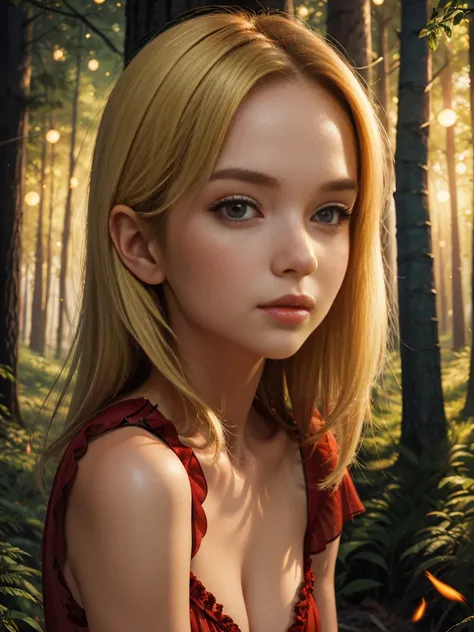 (masterpiece, best quality), 1girl, blonde hair, red dress, pantyhose, cute face, blush, fantasy landscape, detailed forest, glowing moon, fireflies, mystical atmosphere, cinematic lighting, digital painting, vibrant colors, photorealistic