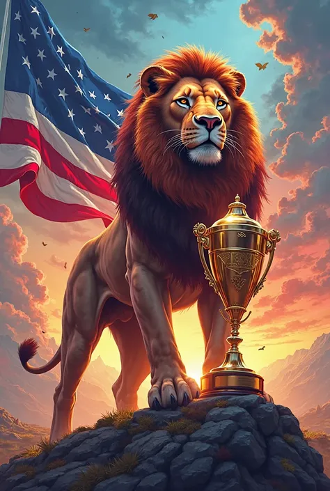 A poster with the image of a majestic lion next to him is the winning cup The image should be spectacular and vivid ,to create it all for the flag ,the team is called tops 