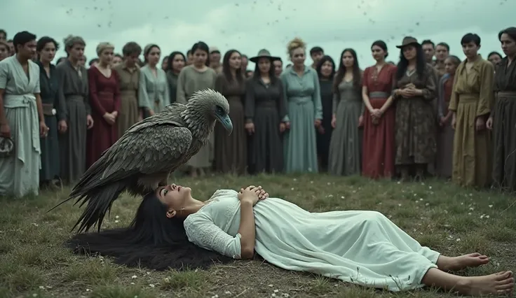 "A dramatic and emotional scene in a graveyard. A young woman in a white dress lies on the ground, appearing lifeless, with long dark hair spread around her. A large, mysterious vulture-like bird is perched on her chest, gripping her dress. A crowd of peop...