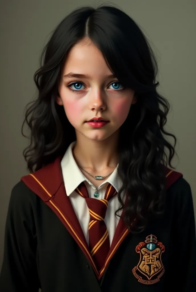 A young girl with a beautiful face, black hair, blue eyes, wearing a necklace, wearing a Hogwarts school uniform.