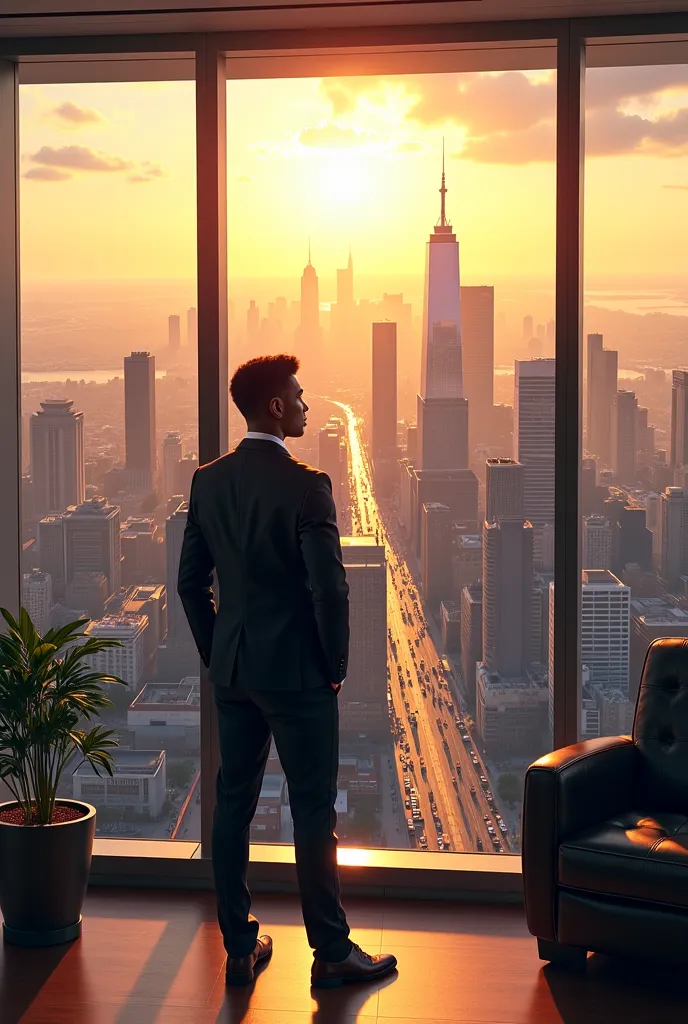 Office Skyline View: A wide-angle shot of the city skyline seen from Michael, the black young man's office window, symbolizing success and power.
